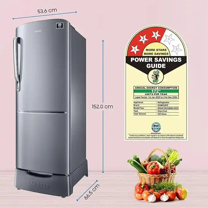 Samsung-223-L-Direct-Cool-Single-Door-3-Star-Refrigerator-with-Base-Stand-Drawer-(Elegant-Inox)-(RR2