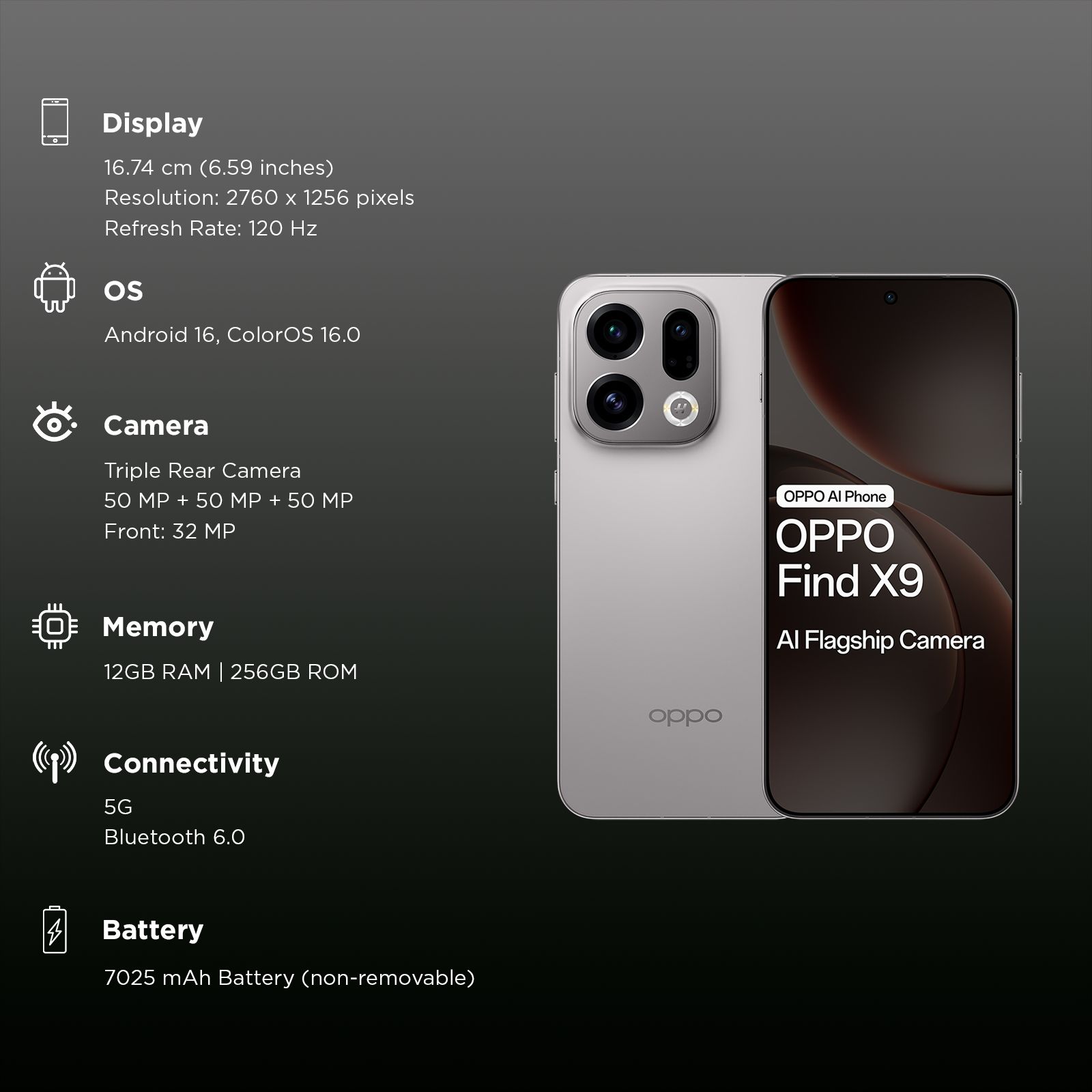 OPPO Find X9 5G (Titanium Grey, 16GB, 512GB)