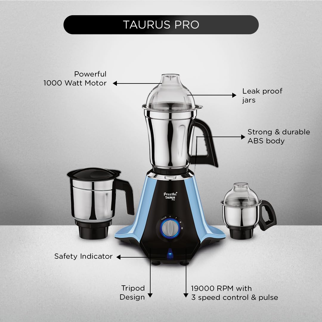 Preethi-Taurus-Pro-(Blue-Variant)-1000W-with-3-Jars---Mixer-Grinder-(MG259)